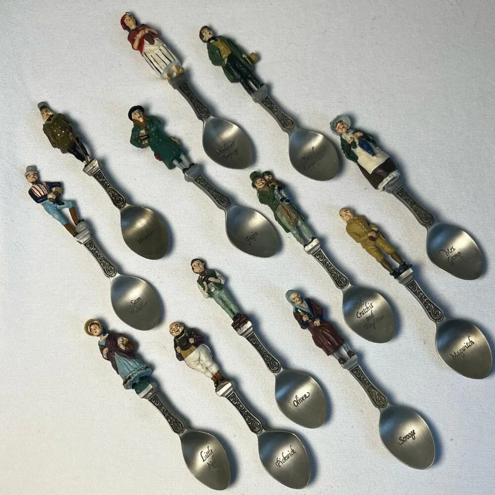 1981‎ Franklin Mint Charles Dickens Christmas Carol Set of 12 Pewter Spoons